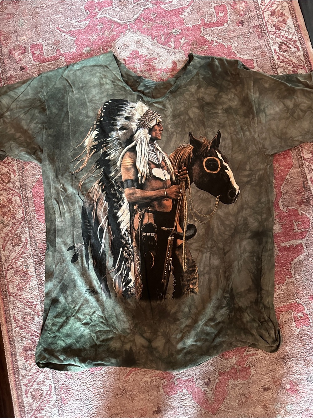 The Mountain Olive Green Tee with Native Chief & Horse Graphic